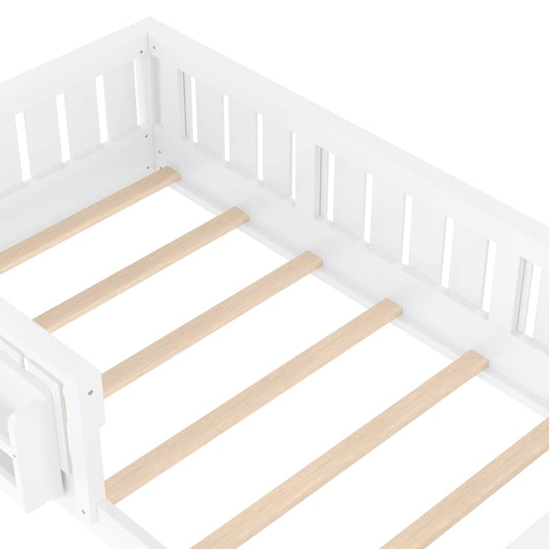 Low Profile Montessori Bed Floor Platform Bed with Fence and Bookshelf