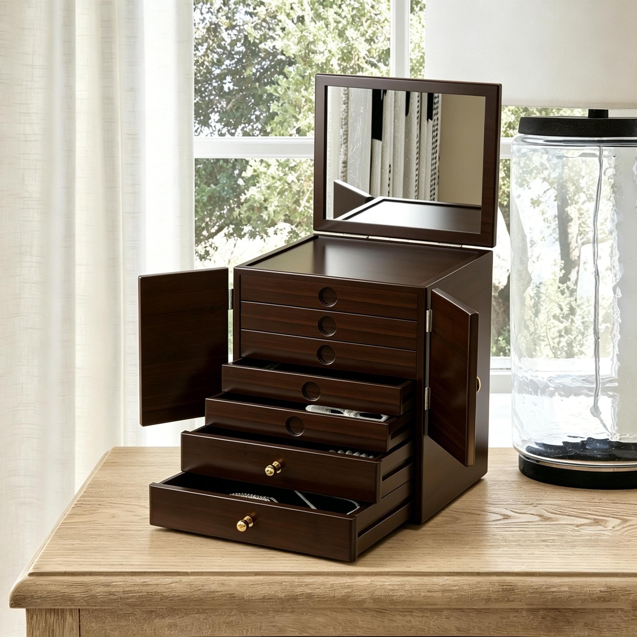 Bamboo Jewelry Box with 7 Drawers, Wood Organizer with Mirror