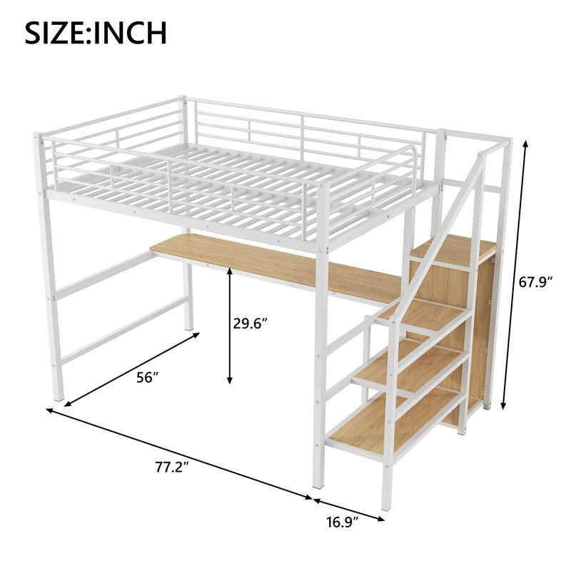 Full Size Metal Loft Bed with Desk, Storage Staircase, Wardrobe, and LED Light, White