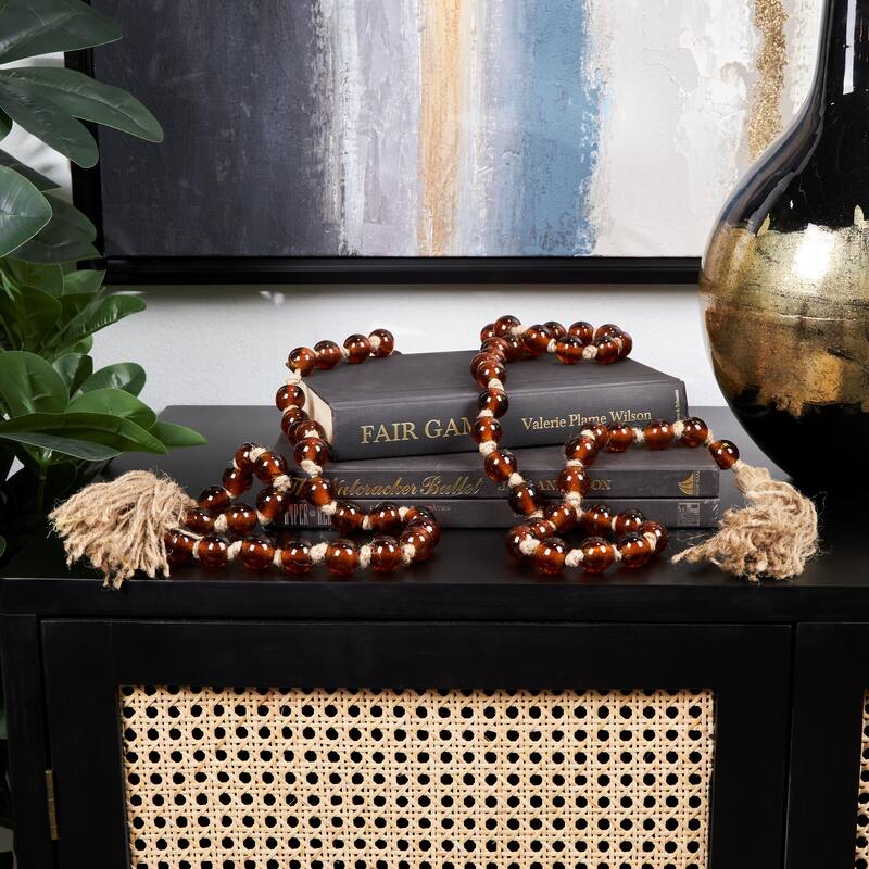 Glass Handmade Round Long Frosted Beaded Garland with Tassel with Knotted Brown Jute - Various Colors - Roche River Decor