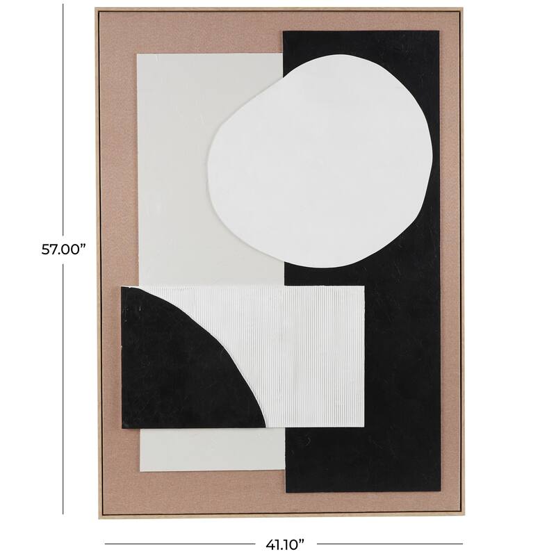 Brown Wood Textured Geometric Framed Wall Art with Abstract Black and White Shapes and Fabric Backing