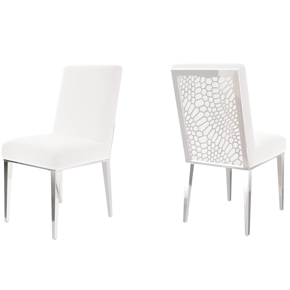 White Upholstered Sherpa Dining Chair Boucle Accent Chairs with Mirrored Silver Legs