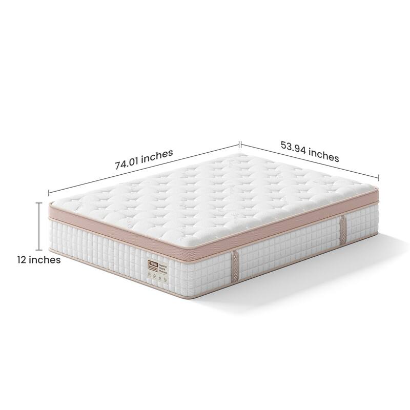 Roomfitters 12 Inch Full/Queen Hybrid Mattress, Firm Gel Memory Foam and Pocket Spring Bed for Pressure Relief, White