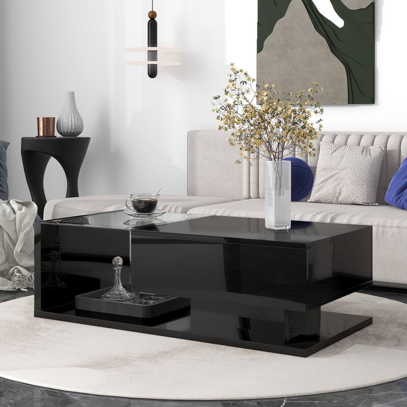 Contemporary 2-Tier Coffee Table with Tempered Glass & Wooden Base, High-Gloss UV Surface, 39.3" for Living Room