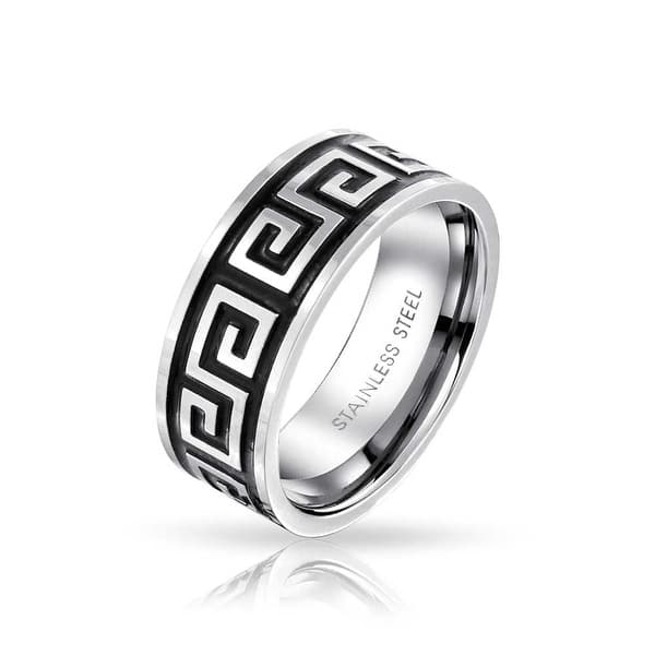 Shop Mens Geometric Greek Key Black Flat Wedding Band Ring For Men