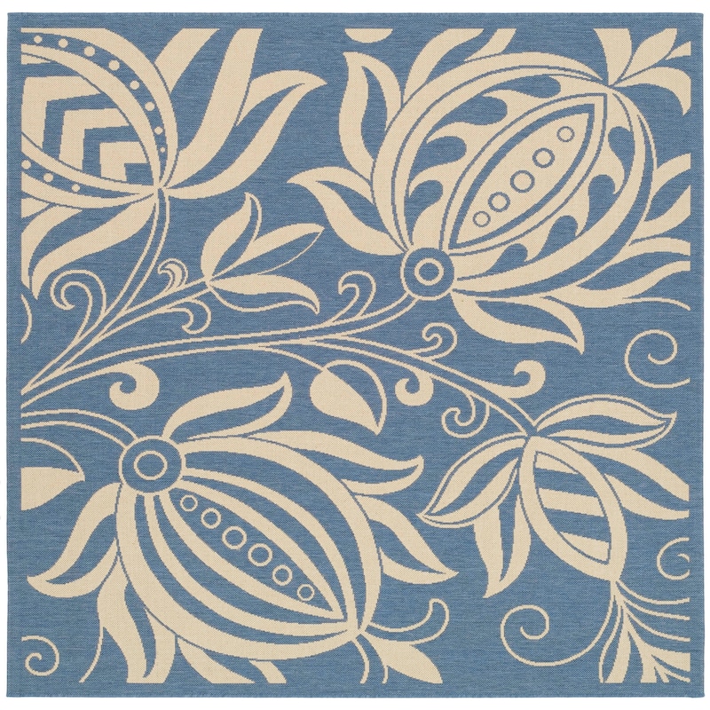 SAFAVIEH Courtyard Leatrice Indoor/ Outdoor Patio Backyard Rug - 6'7" x 6'7" Square - Blue/Natural