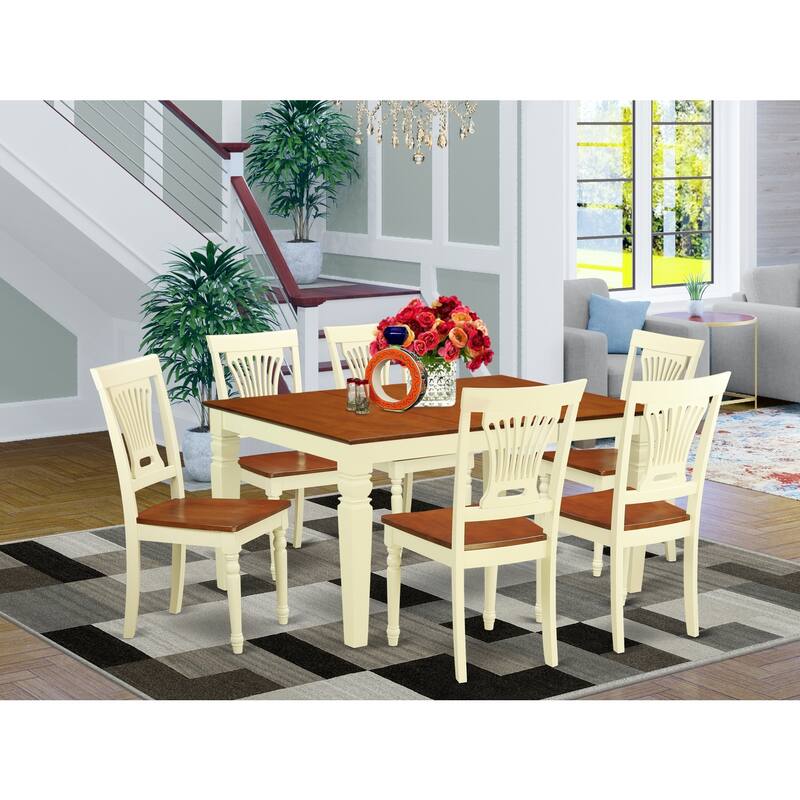 HomeStock 7-Piece Buttermilk and Cherry Finish Solid Wood Top Dining Table with 6 Chairs with Lattice Back