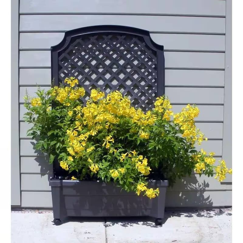 Grey Plastic Self-Watering Garden Planter with Trellis and Wheels Outdoor - 31 W x 13.50 D x 53 H inches