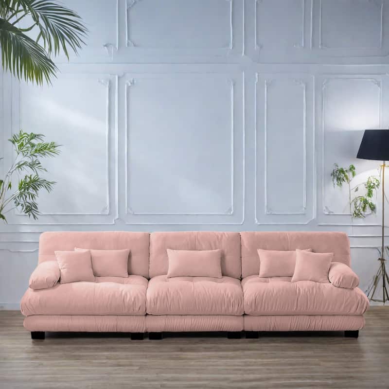 133.8" Chenille 4-Seat Sofa with Round Bolster Armrests, Deep Seat Cushions for Living Room - Pink