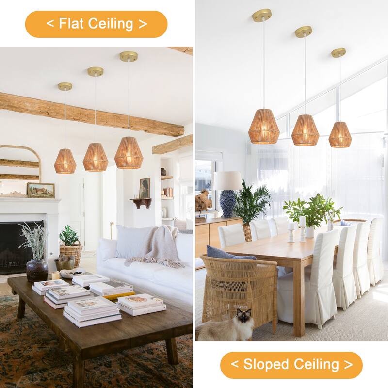 (Set of 3)1-Light Paper Rope Shaded Pendant Lights for Kitchen ，Set of Lghting Fixtures, Farmhouse Semi Flush Mount Chandelier