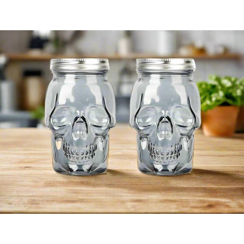Skull Mason Jar Mug Glass Set (2 Containers & 2 Lids) Halloween Décor, Drinking Glasses, Storage Containers