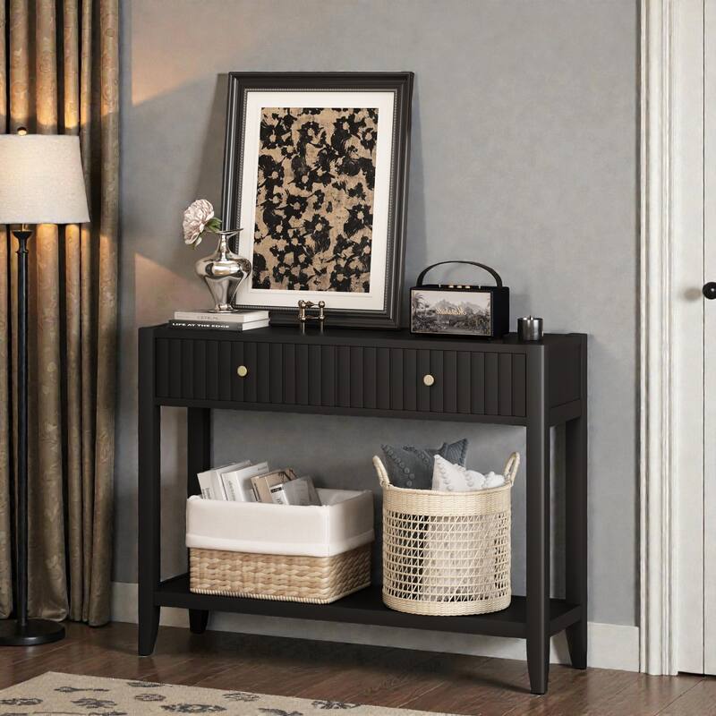 Console Table with Drawers and Storage Shelf, Narrow Wood Accent Sofa Table for Entryway Hallway Living Room - Black