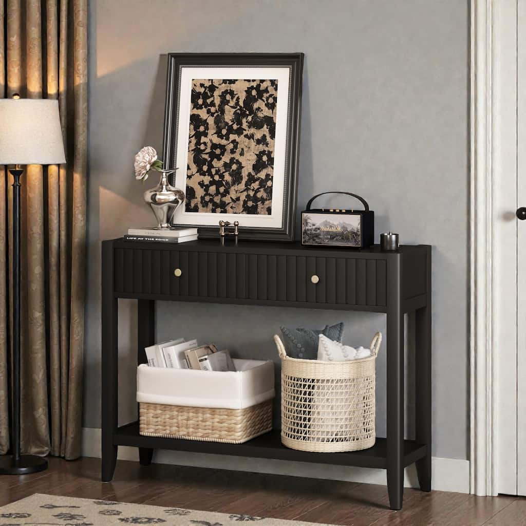 Console Table with Drawers and Storage Shelf, Narrow Wood Accent Sofa Table for Entryway Hallway Living Room