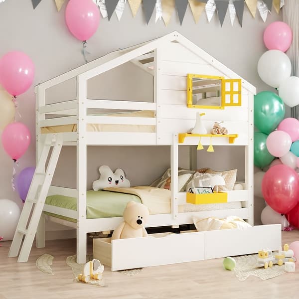 slide 2 of 14, Playhouse-inspired Style Twin over Twin Bunk Bed with 2 Drawers, 1 Storage Box, 1 Shelf, Window and Roof, Space-saving, White Yellow