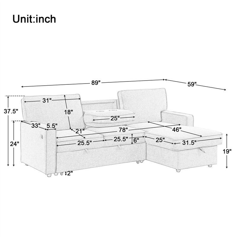 Upholstery Sleeper Sectional Sofa with Storage and 2 Cup Holder, Modern Corner Sectional with Pull-Out Sleeper and USB port