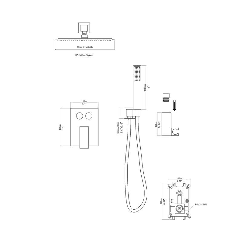 Topcraft 12-Inch Wall Mounted Square Shower System with Rough-in Valve - 12*12