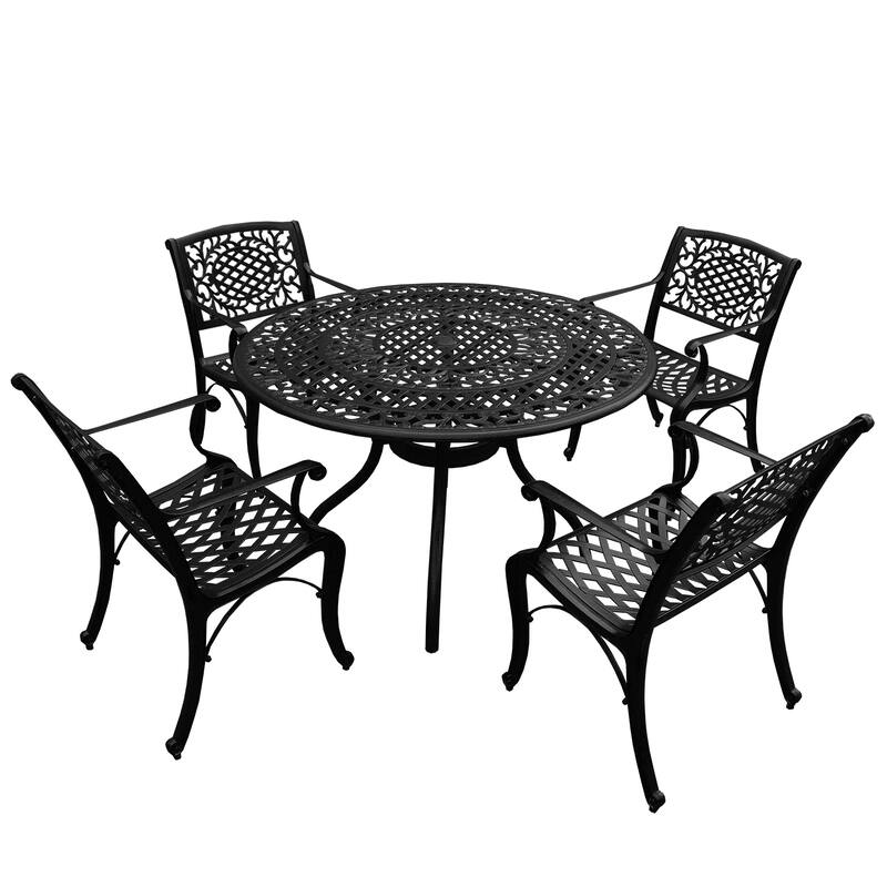 Outdoor Mesh Lattice 48 inch Round Dining Set with Four Chairs - N/A - Black