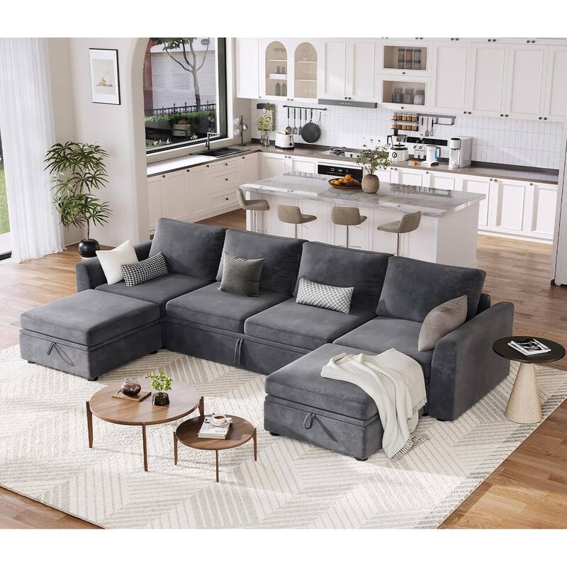 Sectional Sleeper Sofa with Pull Out Bed, Chenille Modular Sectional Couch - Grey
