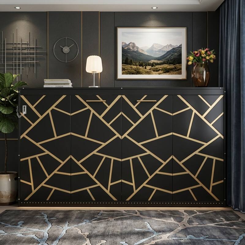 SideFold Murphy Bed with Geometric Art Panels, USB Power Hub & LED Glow by Harper&Bright Designs - Black - Twin