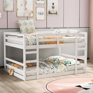 Full Over Full Wood Bunk Bed with Double-side Ladder, White