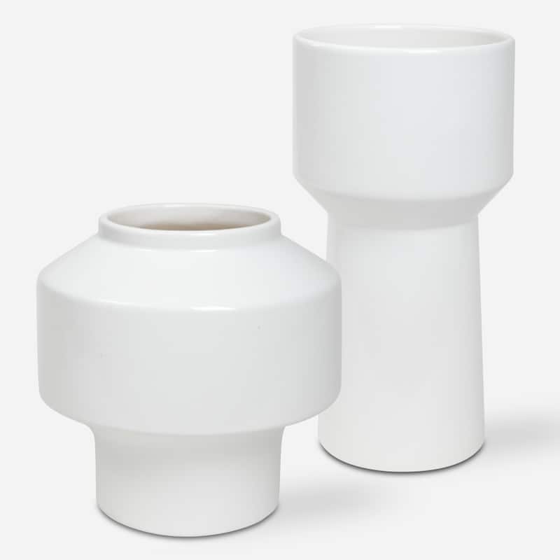 Abstract Style Glaze Finished Ceramic Vases - 10" - White - Set of 2