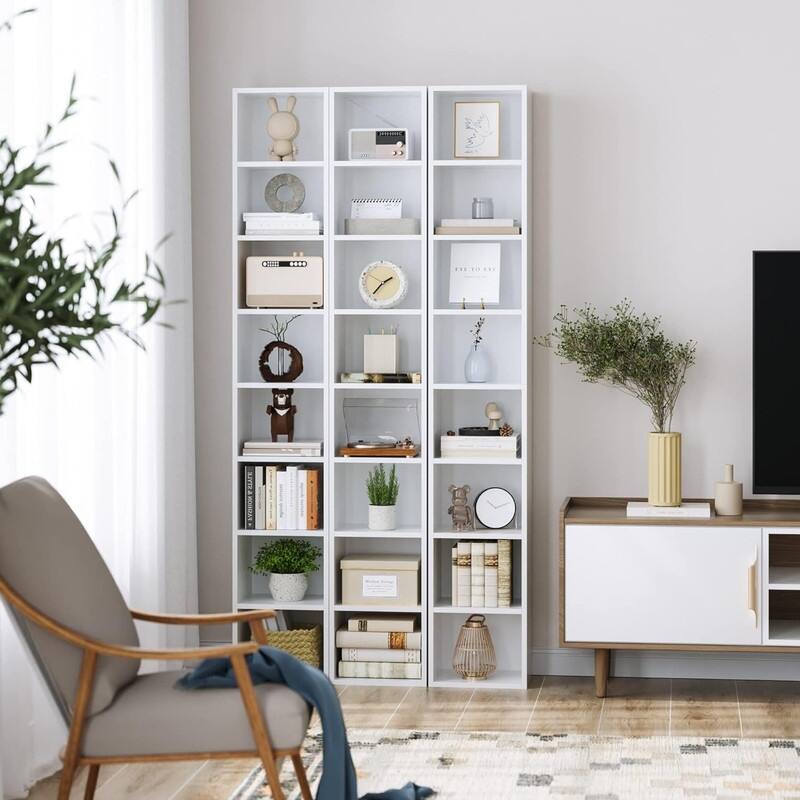 Grondin 8-Tier Media Tower, Wooden Media Storage Rack with Adjustable Shelves, Tall Narrow Bookcase Display Bookshelf - White