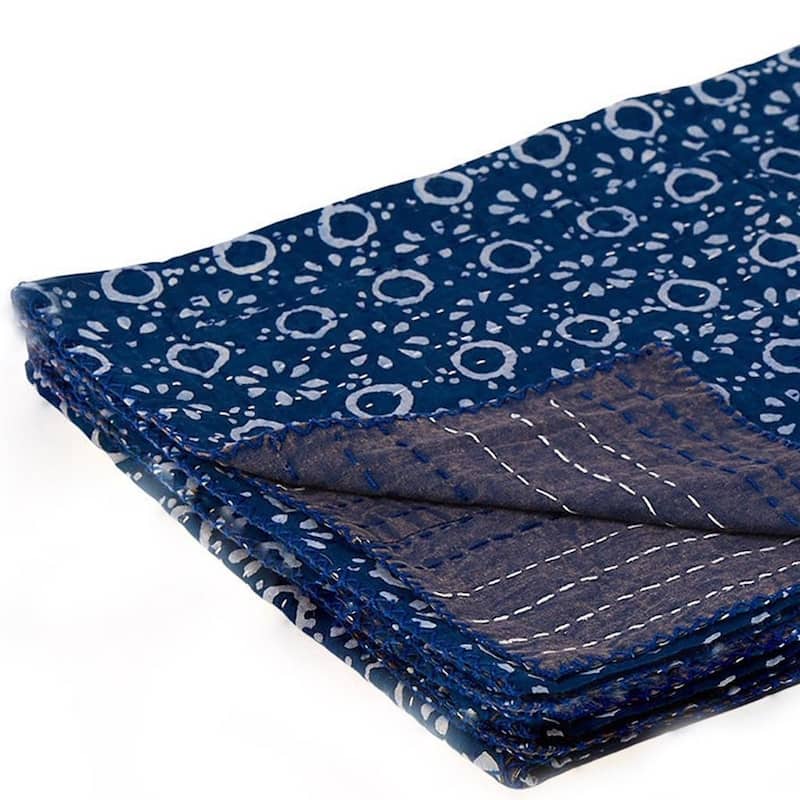 HomeRoots 50" X 70" Blue And Off White Geometric Cotton Quilted Kantha Throw Blanket with Embroidery