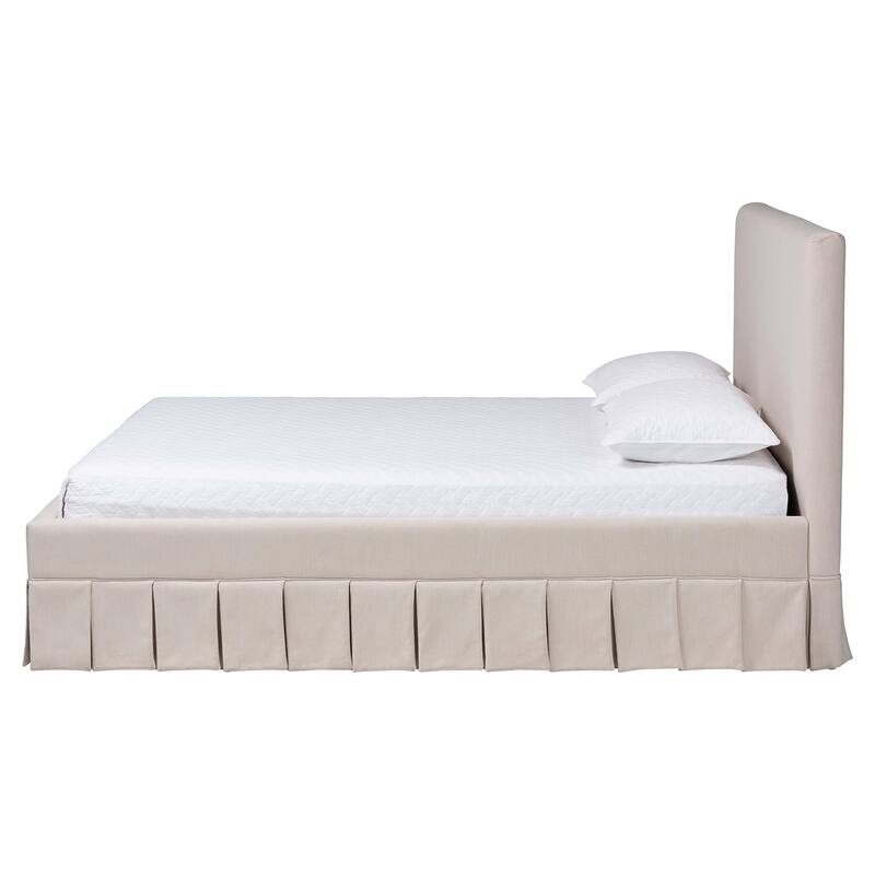 Astin Platform Bed with Pleated Skirt- Fabric Upholstered Bed Frame with Panel Headboard, Queen