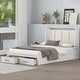 preview thumbnail 1 of 16, Full Size Wood Platform Bed with Upholstered Headboard and 2 Drawers, White Full