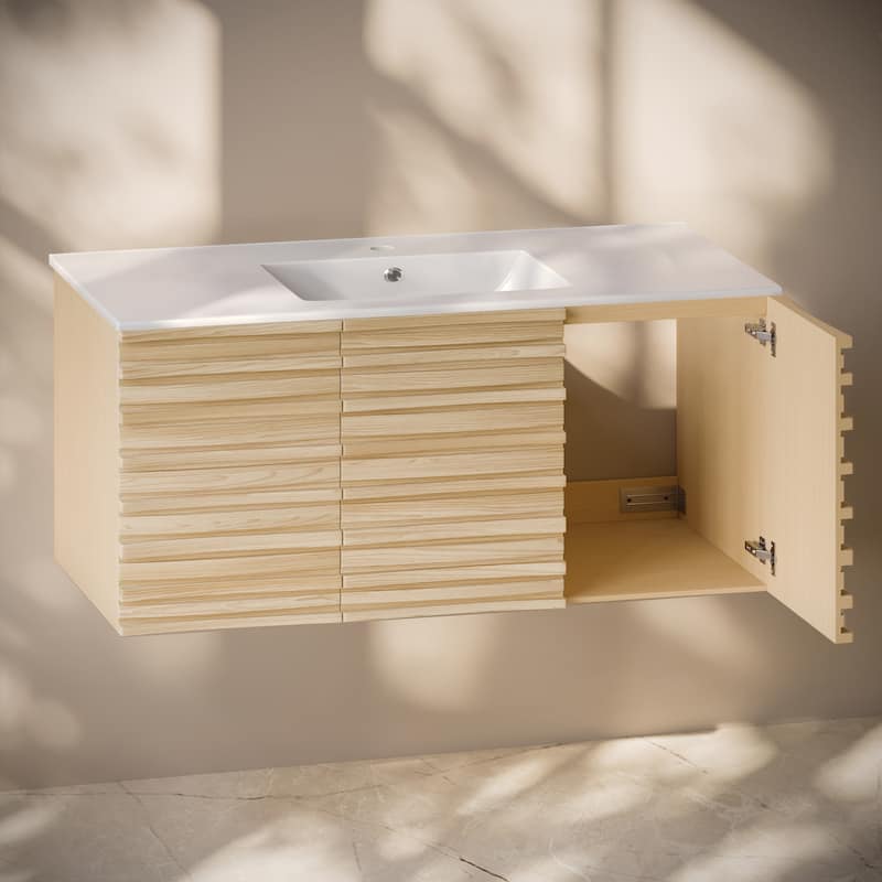 Cascade 48" Wall-Mounted Bathroom Vanity In Natural Oak With Sink Top - 48