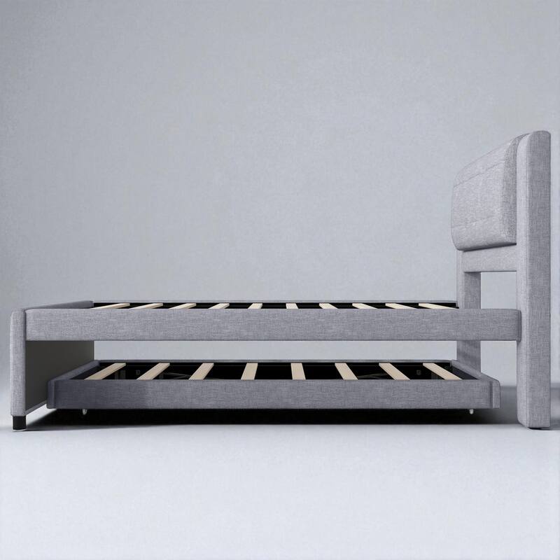 Full Size Upholstered Platform Bed with Adjustable Trundle, Linen Headboard, No Box Spring Needed