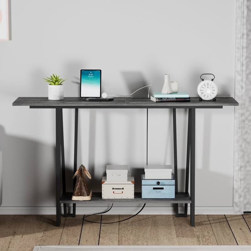 Console Table with Outlets for Entryway, Sofa Table with Wood Shelves, Industrial Entryway Table Foyer Table