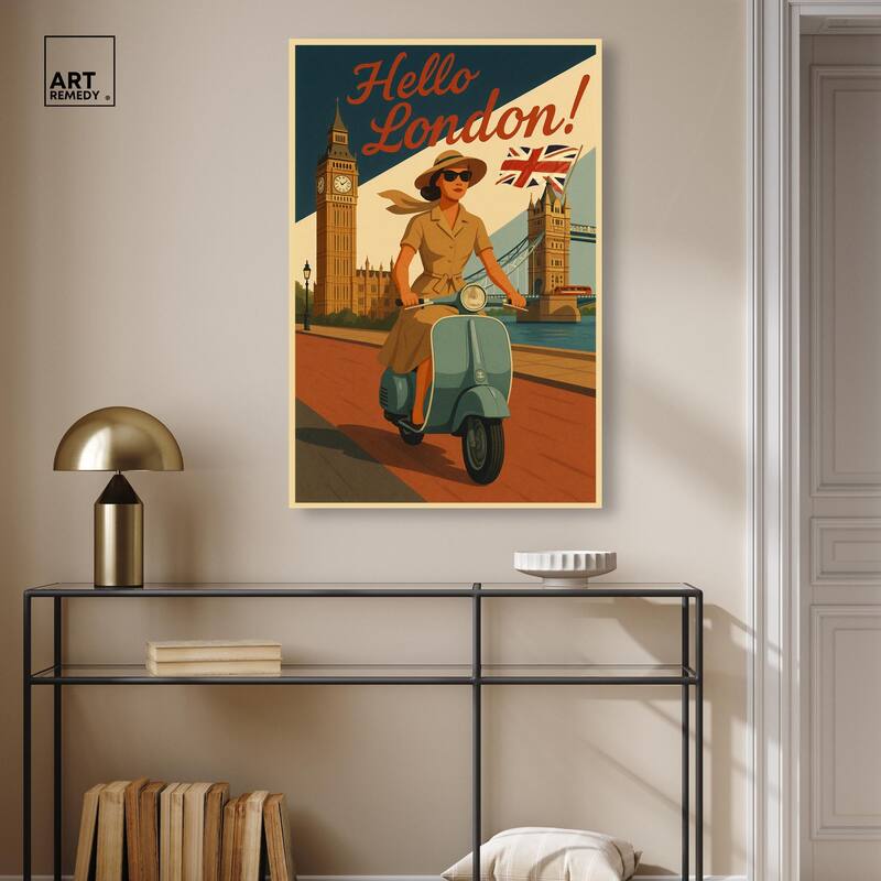 Scooter English Travel Canvas by Art Remedy, Gallery Wrapped