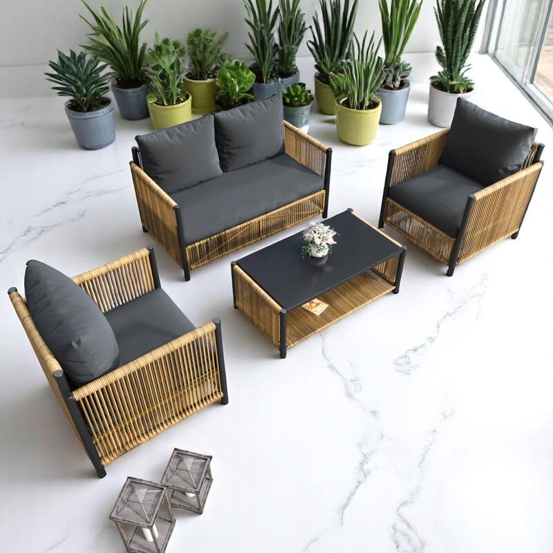 4-Piece Outdoor PE Rattan Sofa Set with Removable Cushion Covers and Coffee Table, Patio Conversation Furniture set - Steel