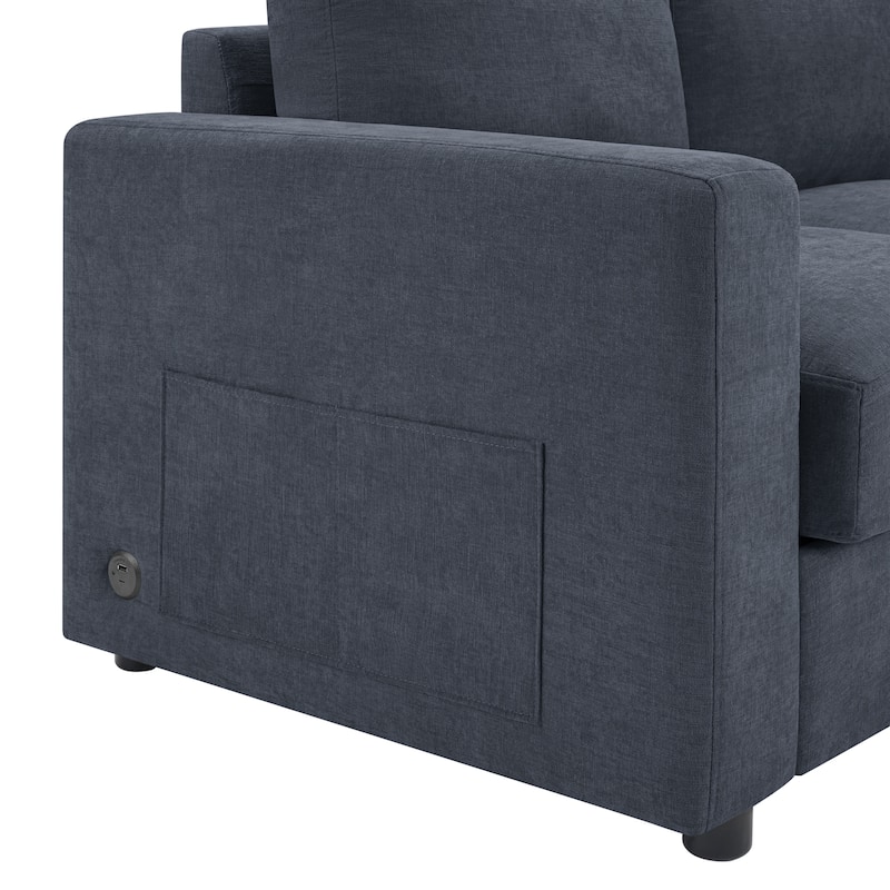 L-Shape Sectional Sofa with Curved Chaise Lounge, Chenille Fabric 3 Seater Sofa with USB Ports & Storage Pockets
