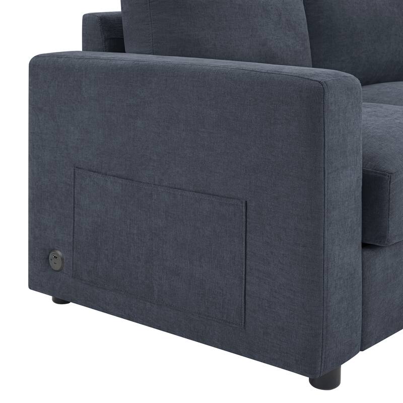 Living Room Chenille L-Shaped Sectional Sofa Set with Curved Chaise Lounge, USB Ports and Side Storage Pockets