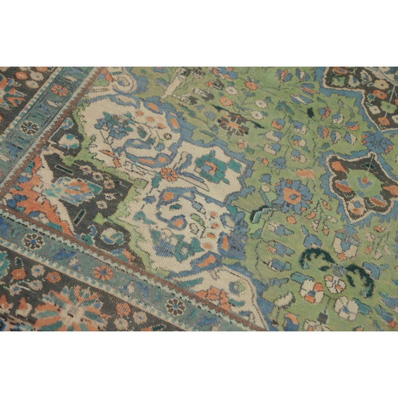 Hand Knotted Oriental 100% Wool Carpet Traditional Floral Green Tabriz Area Rug - 9' 2'' X 6' 7''