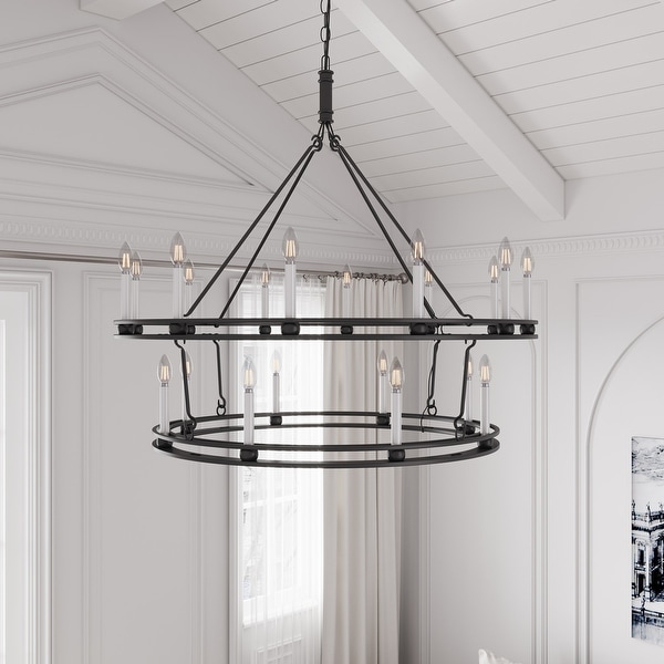 Matte Black Wagon Wheel Chandelier 2 Tier 20 Lights Large Industrial Light Fixture