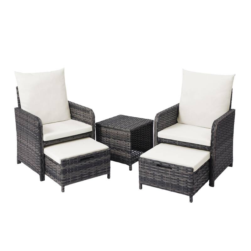 5-Piece PE Rattan Outdoor Patio Set with 2 Chairs, 2 Ottomans, Coffee Table