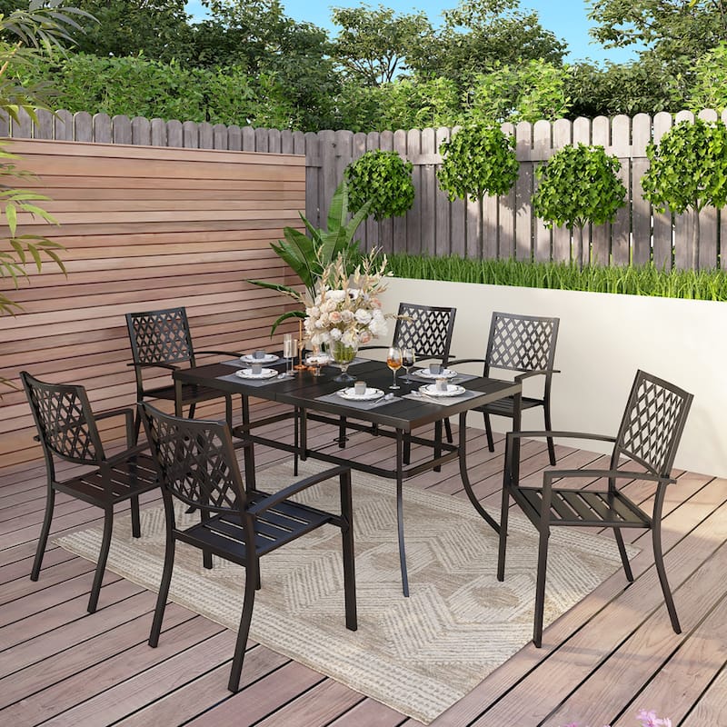 MAISON ARTS Patio Dining Set 7 Piece Metal Rectangle Patio Table with 2.6" Umbrella Hole and 6 Metal Dining Chairs, Black - Elegant Chairs