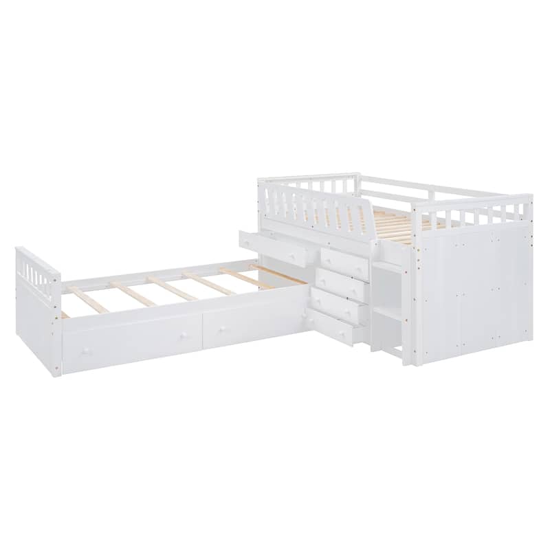 White Twin Size Solid Wood L-shaped Loft Bed and Twin Platform Bed with 7 Drawers and Full Guardrails