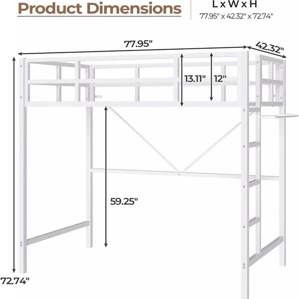 Twin Metal Bed Frame LED Lights Full-Length Guardrail & Ladder White