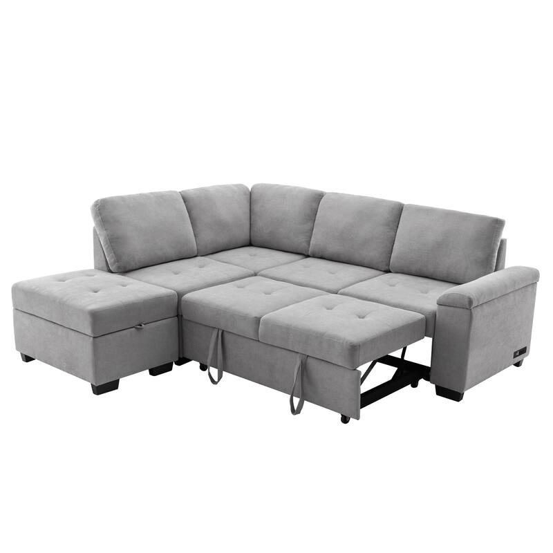 84.75" Velvet Sectional Sofa with Storage Ottoman, USB Charging and Hidden Arm Storage and L-Shaped 4-Seater