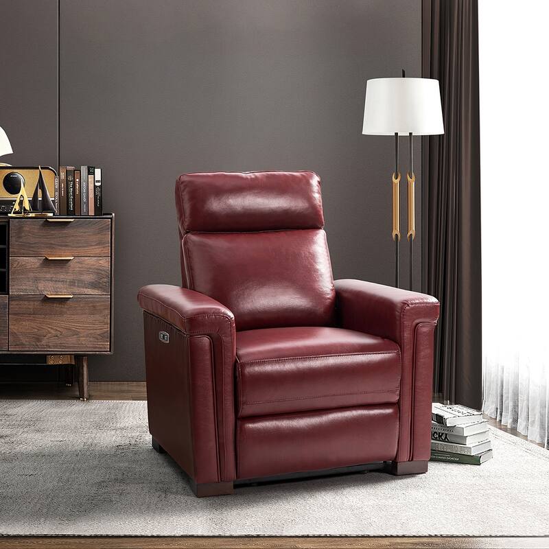 Alicia 34.65" Wide Contemporary Classic Genuine Leather Power Recliner With USB Port