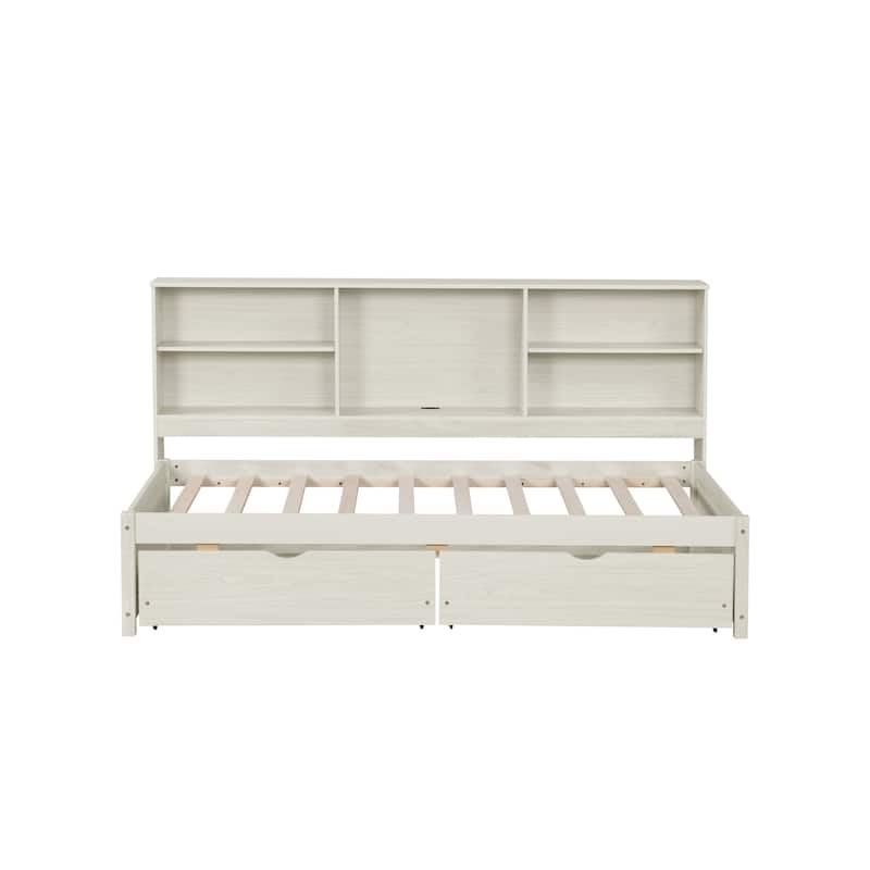 Twin Size Daybed Rubberwood Sofa Bed Frame with Side Bookshelves, 2 Drawers and Built In USB Ports