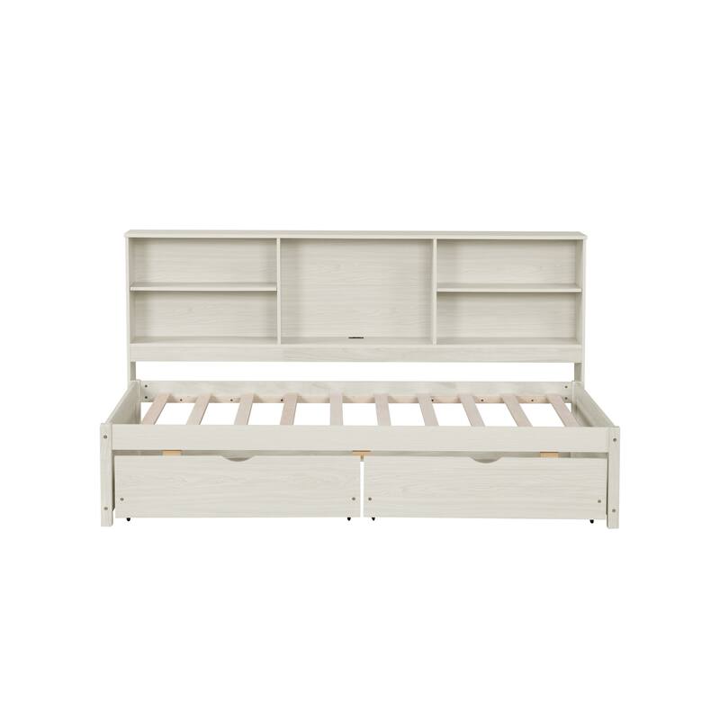 Twin Size Platform Bed with Built-in Bookcase, Adjustable Shelves, USB Charging Station, 2 Storage Drawers