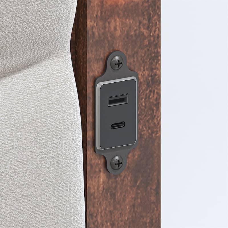 King Size Bed Frame with Upholstered Headboard, Charging Station