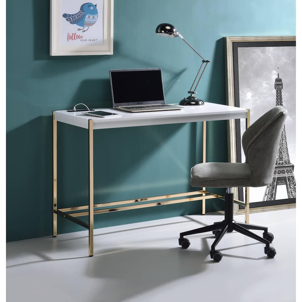Midriaks White & Gold Finish Writing Desk W/USB