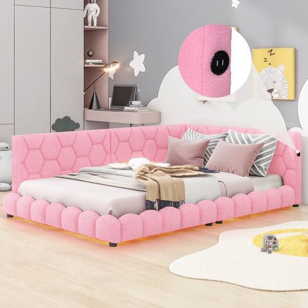 slide 2 of 20, Upholstered Floor Platform Bed Frame with USB Ports and LED,Full Size聽 Pink - Full