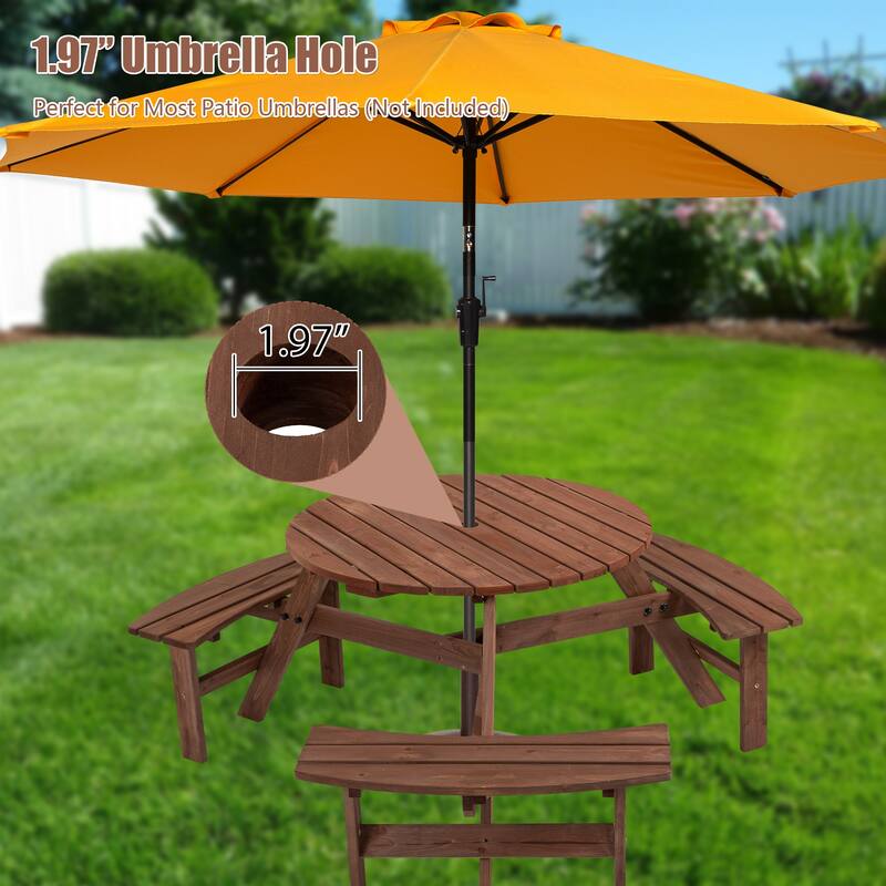 6 Seater Round Dining Table Set with 3 Built-in Benches, Outdoor Courtyard Wooden Picnic Table for Patio, Lawns, Garden - Brown